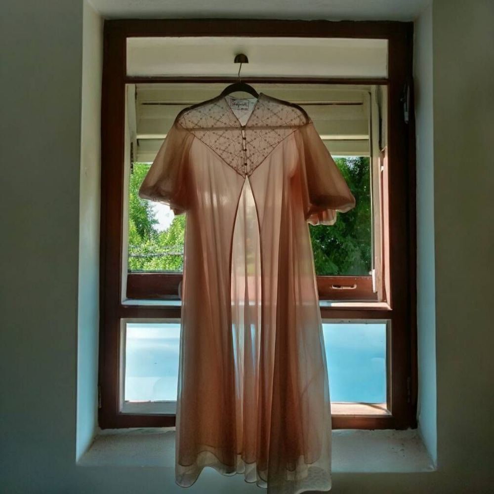 1950s SCHIAPARELLI Paris New York Peignoir Nightgown Set Pink Ivory Ombré M - Picture 6 of 16